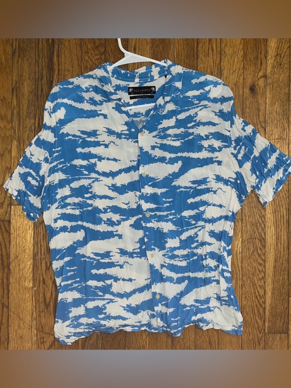 All Saints Short Sleeve Button Up Summer Shirt - Blue White Animal Print - Sz M